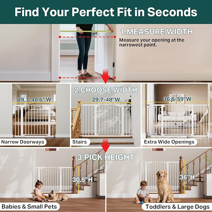 Cumbor 29.7-48" Baby Gate for Stairs, Mom's Choice Awards Winner-Dog Gates for Doorways, Auto Close Safety Pet Gate for Dogs Indoor, Easy Install Pressure Mounted Child Gate with Walk Thru Door, White