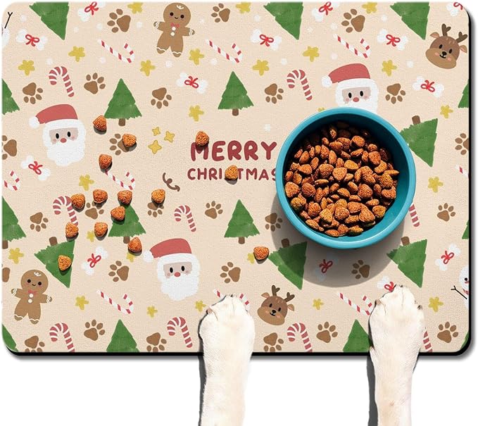 Christmas Dog Food & Water Mat, Paw Prints Santa Claus Snowman Xmas Pet Feeding Mat for Floor Non-Slip Waterproof, Super Absorbent Cat Bowl Mat, Easy to Clean Pet Placemat,24" × 32"