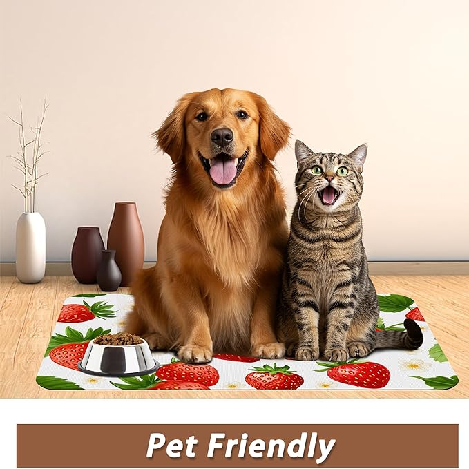 Cute Strawberry Flower Dog Cat Food Mat,Absorbent Pet Feeding Mat with Rubber Backing,Non-Slip Water Bowl Placemat,Indoor Pet Accessories Supplies 12"x20"