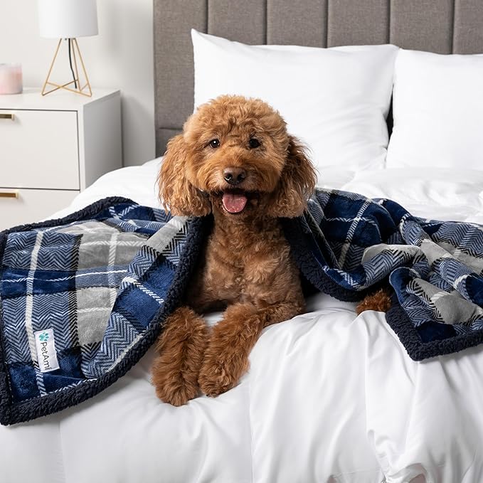 PetAmi Waterproof Dog Blanket for Medium Large Dog Puppy Cat Throw for Couch Cover Leakproof Protection, Sherpa Fleece, Reversible Soft Washable 60x40 Plaid Navy Blue