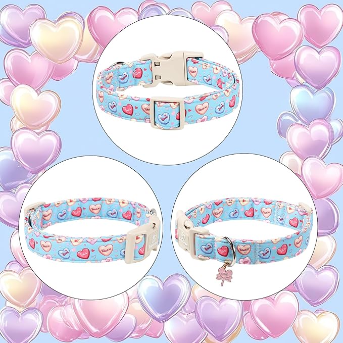 Valentines Dog Collar for Small Dogs - Valentine Candy Hearts Dog Collars, Love Boy Girl Dogs Collars, Lightweight Adjustable Cute Blue Puppy Collar with Quick-Release Buckle XS