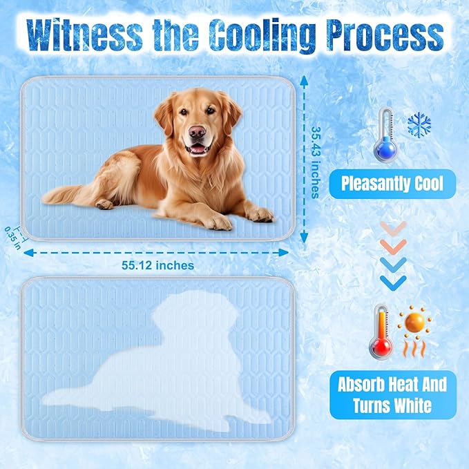 Self Cooling Dog Mat for Large Dogs - Ice Silk Pet Cooling Pad 35"x55" (90x140cm), Machine Washable, Non-Slip for Crate/Car/Floor, Summer Relief Indoor & Outdoor Use (Blue)