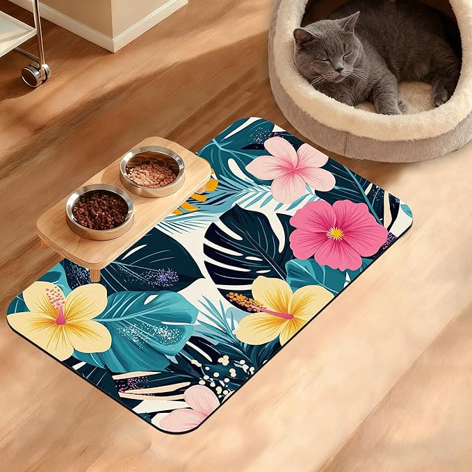 Tropical Palm Dog Food Mat,Exotic Leaves Floral Absorbent Pet Feeding Mat for Food and Water Bowl,Quick Dry Dog Placemat Non Slip Rubber Backing Waterproof Pet Supplies 12" x 20"