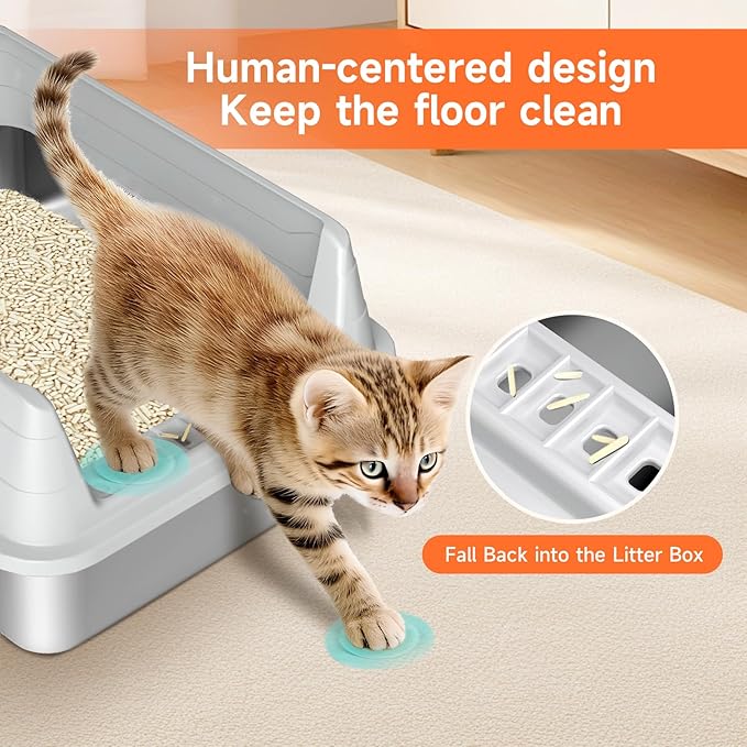 Stainless Steel Cat Litter Box, Odor Free Metal Litter Box with High Sides Lid, Open Top Low Entry Litter Pan Include Scoop Easy Cleaning Anti-Scratch Kitty Cat Box Anti-Urine Leakage, Non-Sticky, M