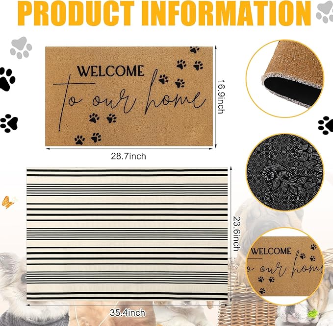 Tinideya 2 Pcs Pet Theme Door Mat Paw Welcome Non Slip Coir Mats Dog Cat Floor Layering Doormats Seasonal for Front Porch Entryway Decor(PET)