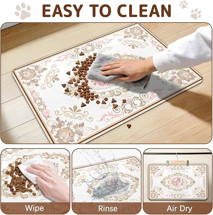 Dog Food Mat for Bowls, Absorbent Quick Dry Dog Cat Mats for Food and Water, Non-Slip Backing Pet Mat Pet Supplies - Floral Pattern