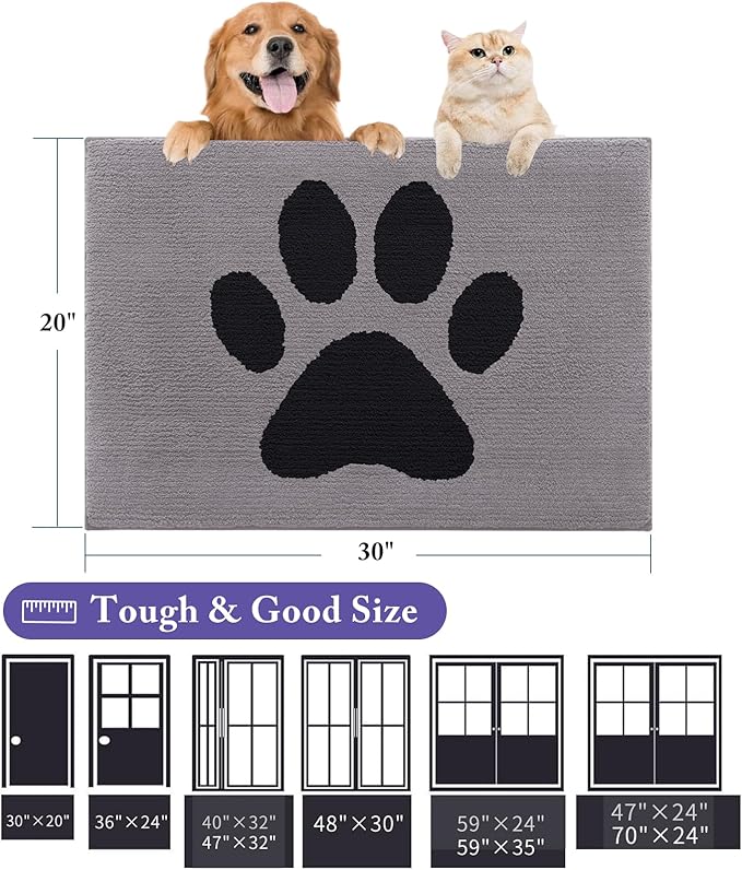 Buganda Dog Door Mat for Muddy Paws, Absorbent Dirt Trapper Non Slip Indoor Doormats, Washable Low-Profile Mat for Mud Dogs, Entryway Carpet for Inside Floor (30x20 Inches, Grey)