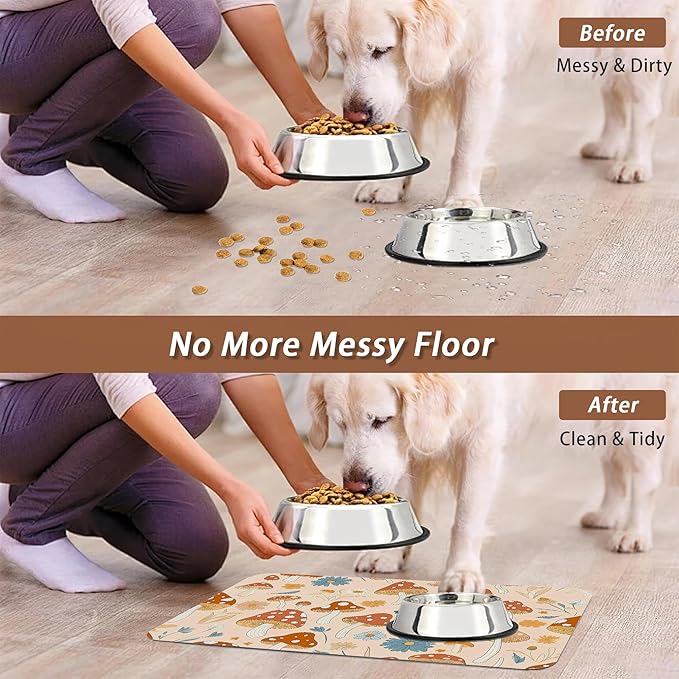 Cute Mushroom Flower Dog Cat Food Mat,Absorbent Pet Feeding Mat with Rubber Backing,Non-Slip Water Bowl Placemat,Indoor Pet Accessories Supplies 12"x20"