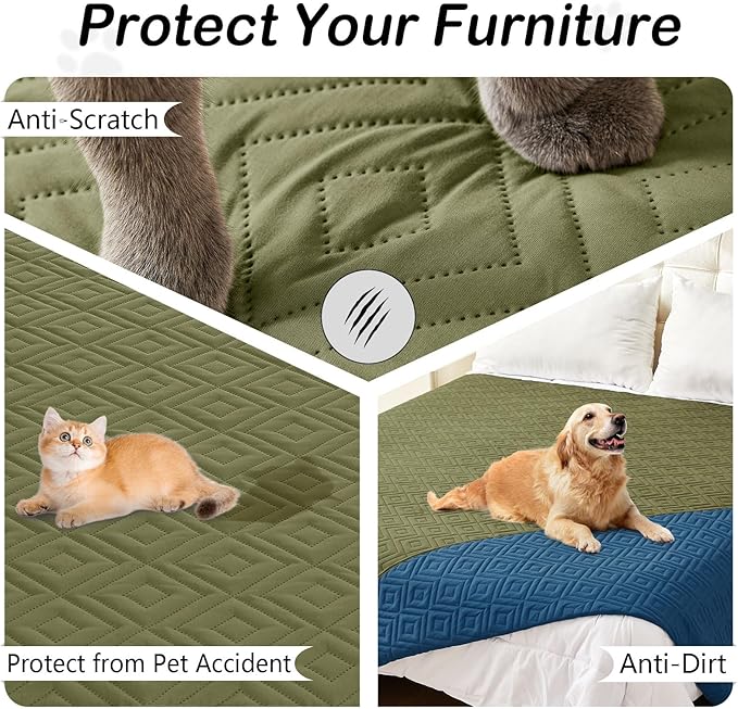 hyha Waterproof Dog Blanket, Soft Pet Bed Blankets, Waterproof Sofa Couch Cover for Dogs Washable, Reversible Pet Couch Covers for Sofa Furniture (68x82 Inch, Green/Navy Blue)