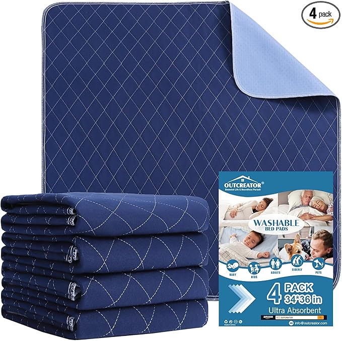 OUTCREATOR® Washable Bed Pads 34" x 36" (Pack of 4), Incontinence Mattress Protector, Anti-Slip Waterproof Underpads for Adults Kids Elderly Pets, Absorbency & Reusable Bedwetting Pads (Dark Blue)