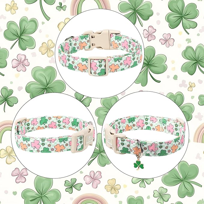 St Patricks Day Dog Collar for Small Dogs - Cute Pastel Lucky Clover Dog Collars, Lightweight Adjustable Irish Green Festival Dogs Collars with Quick Release Buckle S
