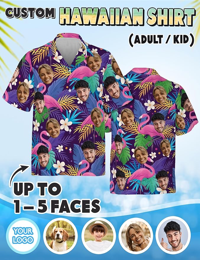 Custom Hawaiian Shirt with Face Photo Picture for Men Women Kids Youth Adult, Tropical Personalized Hawaiian Shirts Gift