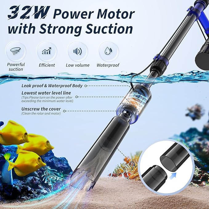 Fish Tank Cleaner, 530GPH/32W Electric Fish Tank Cleaning Tools, Adjustable Water Flow Aquarium Gravel Cleaner, Turtle Tank Gravel Cleaner Vacuum for Wash Sand, Water Changing and Water Circulation