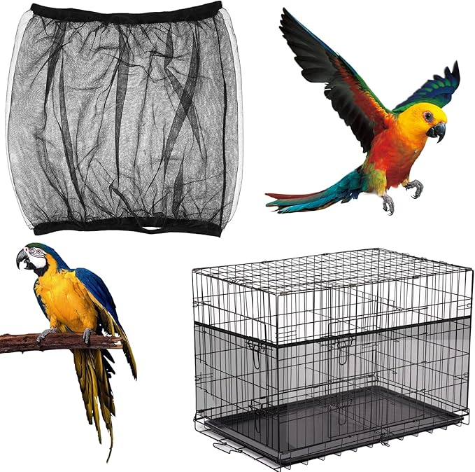Large Bird Cage Seed Catcher, Stretchy Bird Cage Cover, Soft Nylon Mesh Skirt, Parrot Birdcage Net, Ventilate Dustproof Cover for Parrot Parakeet Macaw African (Black)