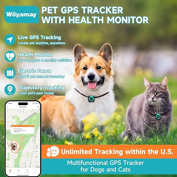 GPS Tracker for Dogs and Cats, Mini Cat & Dog GPS Tracker with Health Monitor and GPS Dog Fence, Waterproof GPS Pet Tracker, Works with Any Collar (Android and iOS Universal)