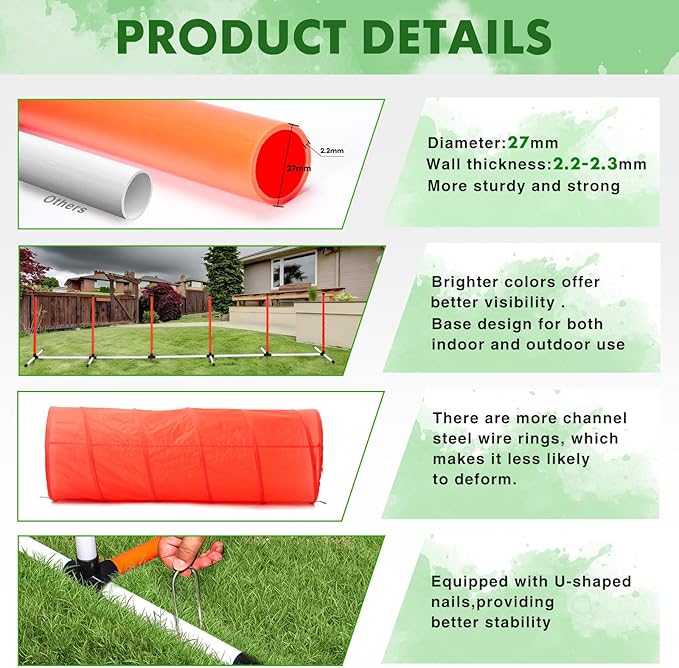 Dog Agility Course Backyard Set, Dog Agility Equipment, Pet obstacle Course Backyard with 6 Dual Mode Weave Poles, 2 Adjustable Hurdle, Jump Ring, Tunnel, Pause Box, Toy Balls and 2 Carrying Bags