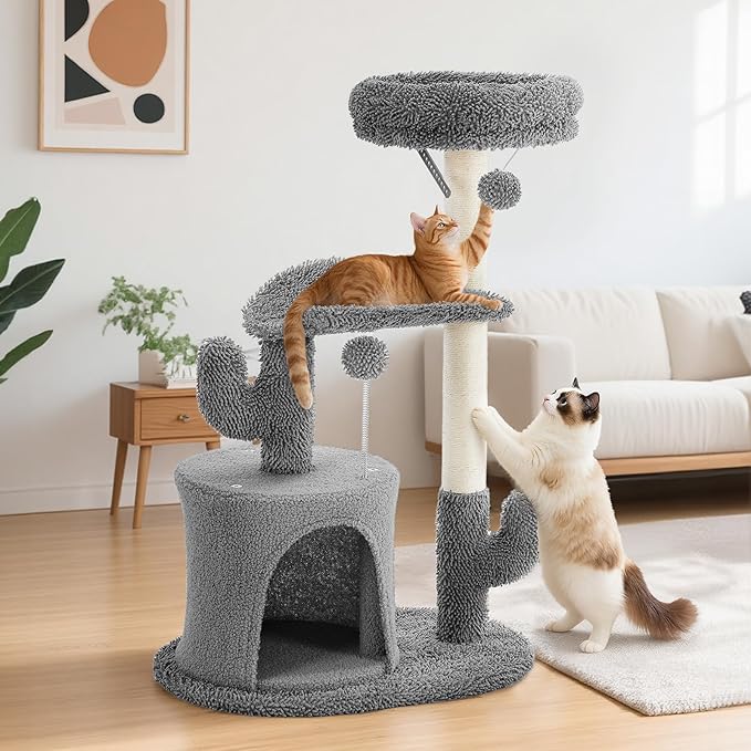 33 Inch Small Cat Tree Tower, Cat Tree with Curved Bed, Cat Tower with Scratching Post and Cozy Condo for Indoor Kittens and Cats, Grey