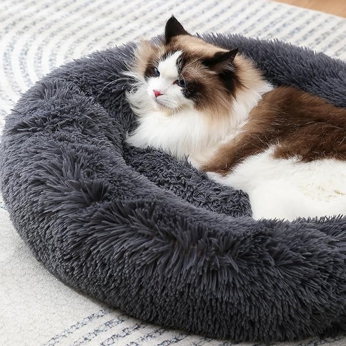 Super Soft Donut Cat Bed and Dog Bed Round Plush Pet Cushion Fluffy Rabbit Cave Warm Cozy Anti Anxiety Beds Dog Pillow for Up to 5KG