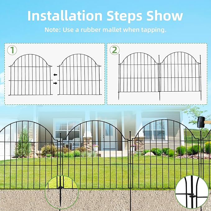 10 Panels No Dig Decorative Outdoor Garden Fence, 24in (H) x20ft (L) Animal Barrier Fencing for Dog, Arched Flower Bed Edging, Rustproof Metal Wire Panel Border with Temporary Ground Stakes