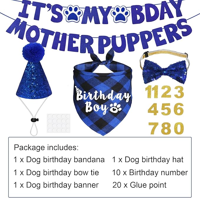 Dog Birthday Party Supplies, Multi Sizes Dog Birthday Hat with Numbers Bandana Bow Tie It’s My Bday Mother Puppers Sign Banner for Medium Large Dogs Pets (Large, Blue)