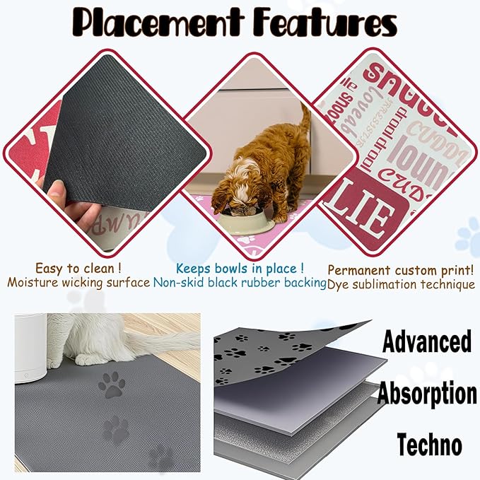 Personalized Dog Cat Food Mat Waterproof Non Slip Pet Bowl Name Mat Absorbent Quick Dry Custom Feeding Mat for Floors Dog Cat