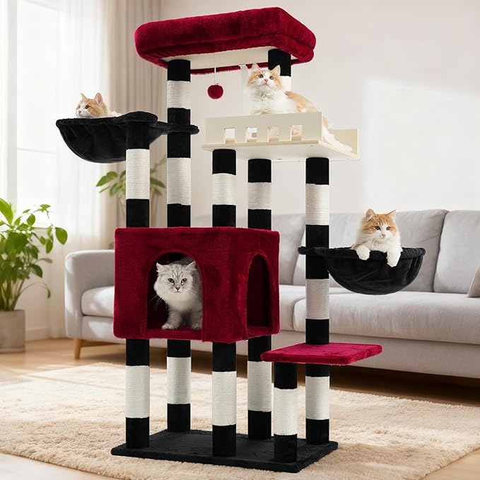 Cat Tree for Indoor Cats Large Adult, Heavy Duty Cat Tree for Large Cats 20 lbs+, Cat Condo with Big Wooden Perch, Cat Tower with 14 Scratching Posts, Hammock, Black GCT023BR