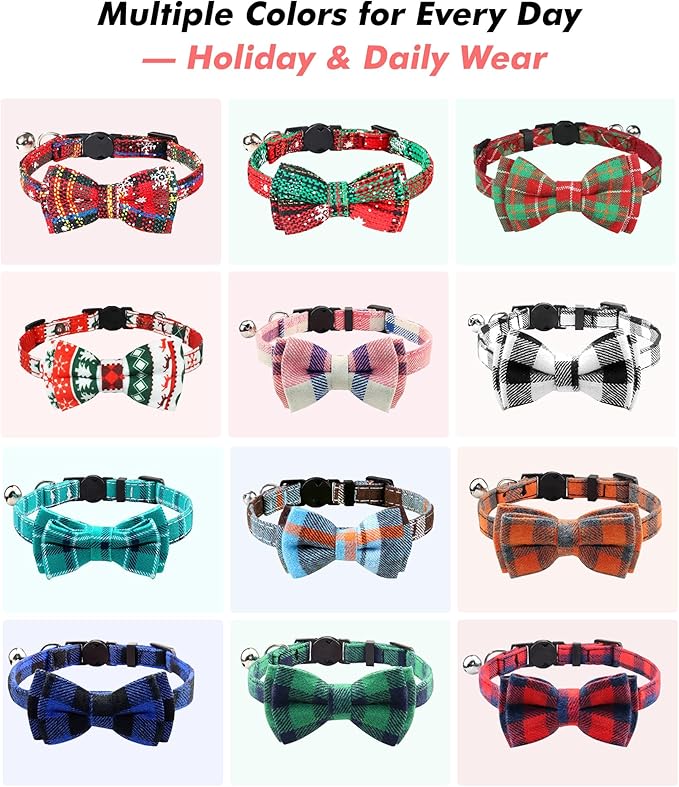 Joytale Upgraded Cat Collar with Bells, Breakaway Cat Collars with Bow Tie, 1 Pack Girl Boy Safety Plaid Kitten Collars, Pink