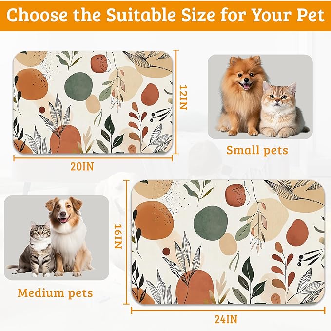Boho Dog Cat Food Mat,Abstract Leaves Absorbent Waterproof Placemat for Food and Water Non Slip Rubber Backing Durable Feeding Pad for Clean Floors 12" x 20"