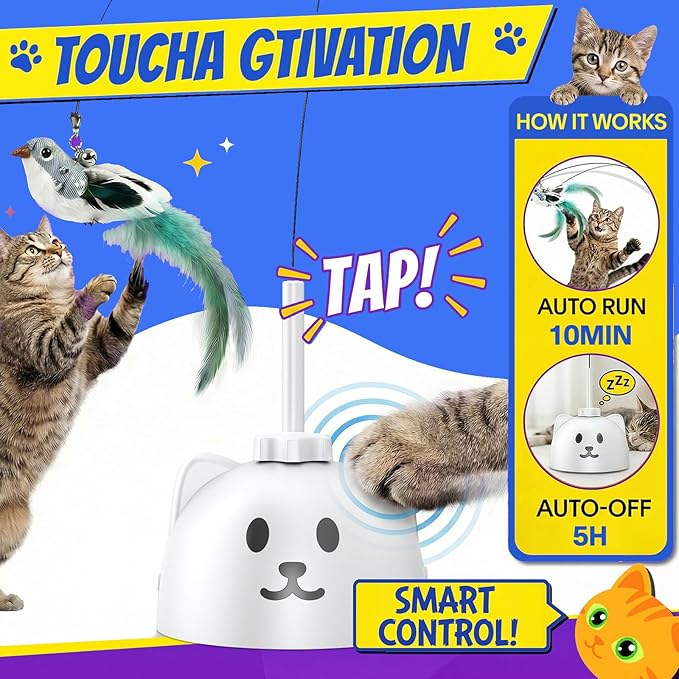Interactive Cat Toys for Indoor Cats - Automatic Flying Bird Feather Toy, USB Rechargeable Electric Cat Teaser with Strong Sticky Base, Smart Motion Self-Play Toy for Bored Cats(Yellow)