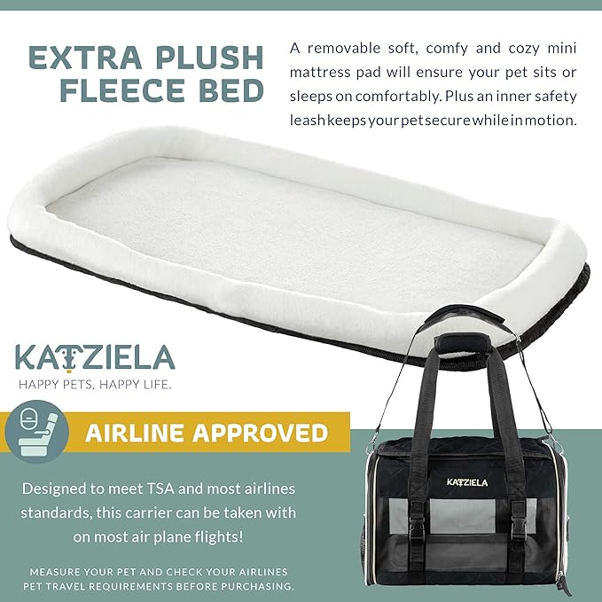 Katziela Deluxe Quilted Airline Approved Pet Dog & Cat Carrier for Airplane Travel (Large, Black)