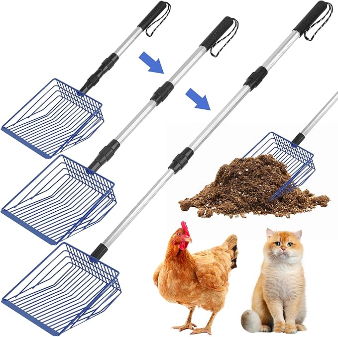 Jonkehai Chicken Poop Scooper 6inch Metal Chicken Litter Scoop Extendable Metal Cat Litter Scoop 23 to 42" Long Chicken Coop Litter Scoop Litter Sifting Shovel Chicken Coop