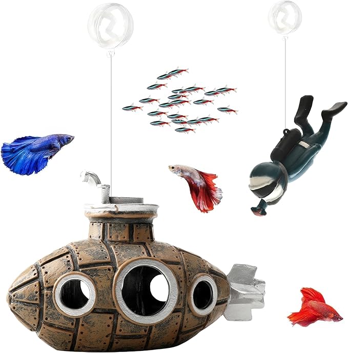 Floating Fish Tank Decoration, LittleCute Retro Submarine AquariumDecoration with Two Float Balls,Resinous Fish Tank Accessorie