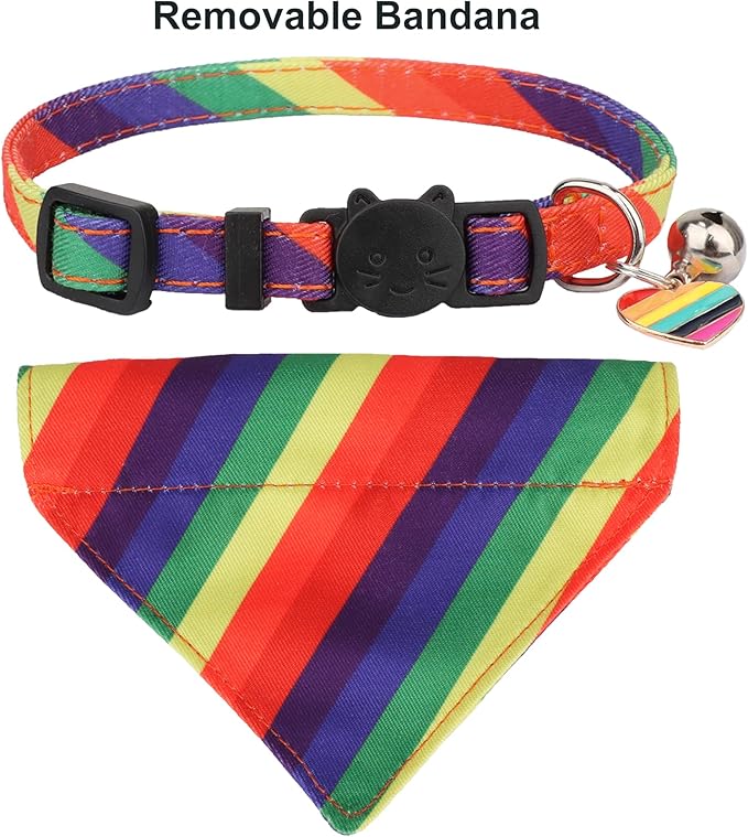 ADOGGYGO Rainbow Cat Collar with Bow Bandana - 2 Pack Cute Kitten Bowtie Collar for LGBT Pride Month, Adjustable Rainbow Collar for Cats