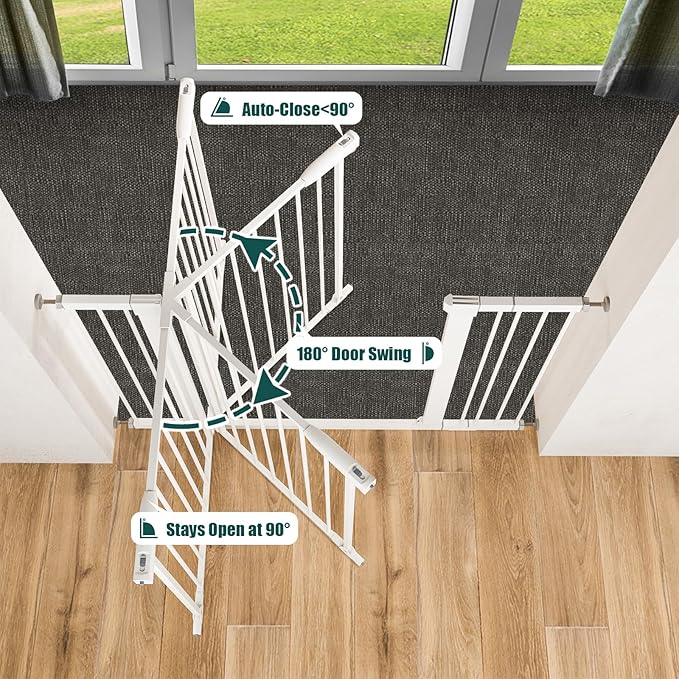 keny 29.7"-46" Baby Gate for Stairs, Auto Close Dog Gates for Doorways, Pressured Mounted No Drilling Pet Gate Extra Wide, Easy Walk Thru Stair Gate, 30" Tall, White