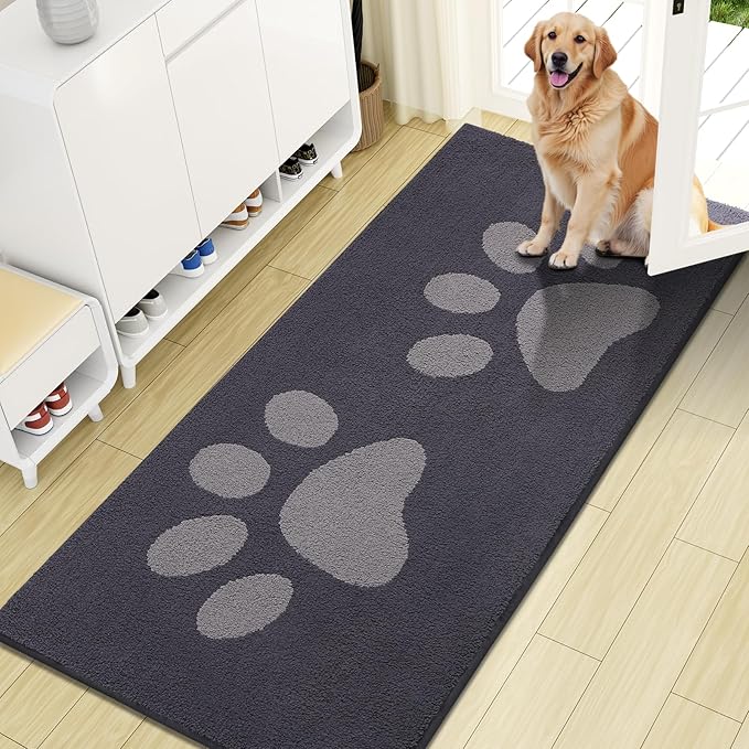 Buganda Dog Door Mat for Muddy Paws, Absorbent Dirt Trapper Washable Indoor Doormats, Non Slip Low-Profile Mud Mat for Dogs, Front Entrance Doormat for Inside Floor (59x20 Inches, Dark Grey)