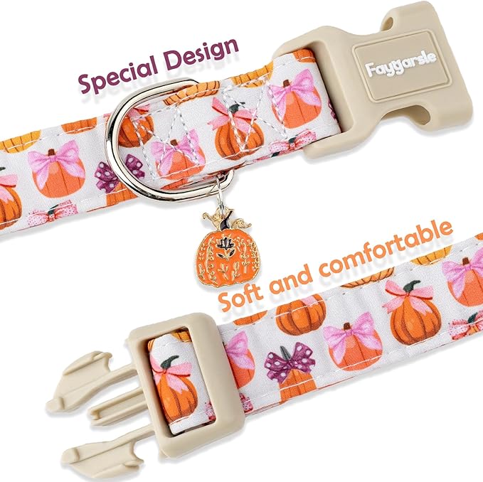 Faygarsle Fall Pumpkin Pattern Dog Collar with Charm, Adjustable Neckwear for Small Medium Large Dogs, Orange and Pink for Small Medium Large Dogs M