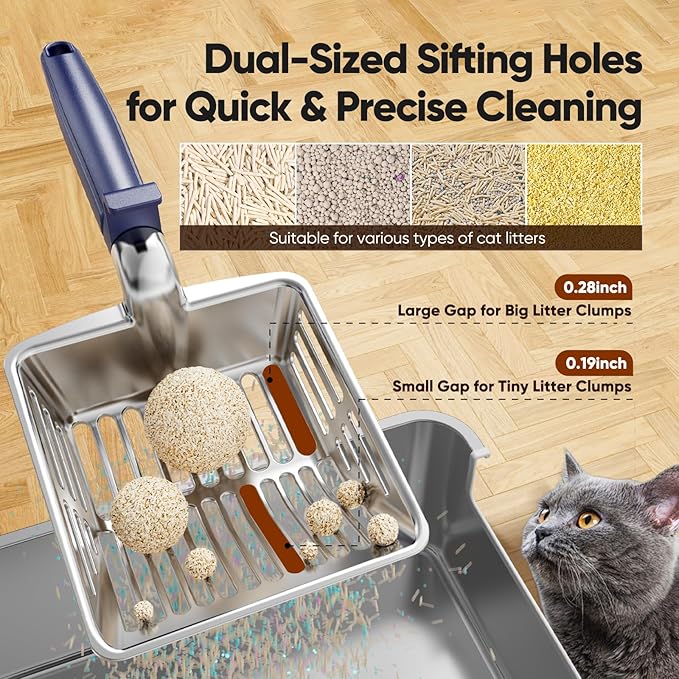 Metal Cat Litter Scoop, Large Cat Scooper with Deep Shovel & Dual Sifting Holes for Fast & Precise Sifting, Space Aluminum Kitty Litter Scooper with Long Handle & Easy-to-Hang Hook - Blue