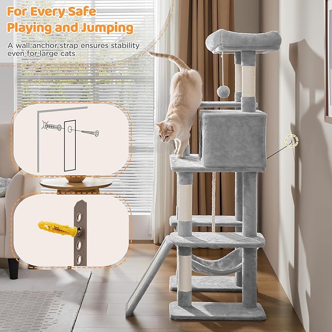 Yaheetech Cat Tree Tower 54in, Multi-Level Pet Stand Furniture with Extended Platform Hammock Scratching Posts Condo for Large Cats to Play and Sleep