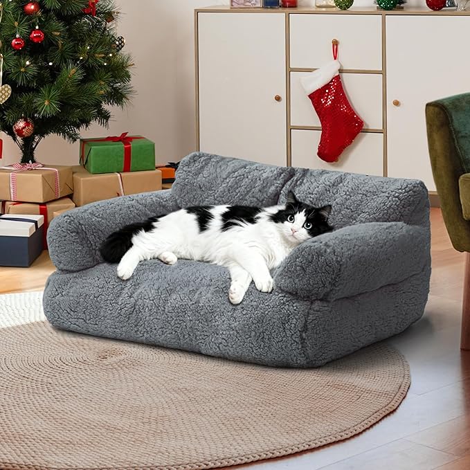Large Cat Beds for Indoor Cats, Dog Couch Bed, Cute Cat Couch Sofas for Less 20lbs Kitten Puppy, Small Dog Sofas & Chairs with Removable Washable Cover, Soft Warm Pet Furniture, Gray