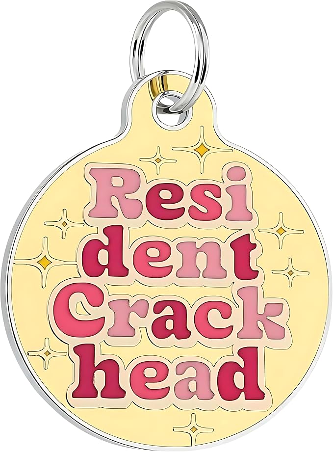 Bad Tags Personalized Dog and Cat ID Tags in 25+ Designs and 2 Sizes - 5 Lines of Custom Engraved Text - Funny Cute Personalized Pet Tags (Resident Crackhead - Yellow, Small (1 inch))