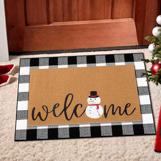 Tinideya 2 Pcs Winter Door Mat Snowman Welcome Non Slip Coir Mats Snow Black White Buffalo Plaid Floor Layering Doormats Seasonal for Front Porch Entryway Decor(Snowman)
