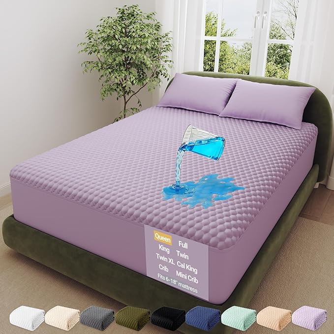 OhGeni 100% Waterproof Mattress Protector,Queen Size Mattress Soft Pad,Pet Hair & Bedwetting Resistant,Cooling Breathable Fitted Sheets,Washable Bed Cover,Non-Slip Deep Pocket,Noiseless,Purple