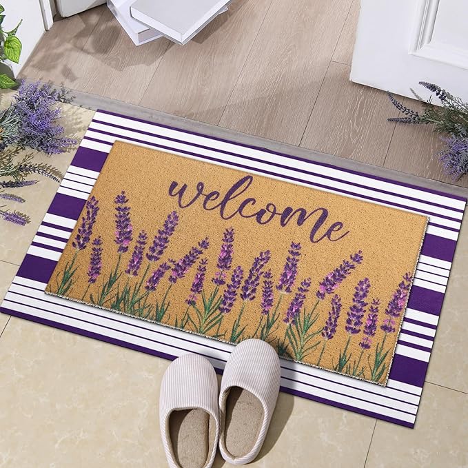Tinideya 2 Pcs Lavender Door Mat Purple and White Stripe Welcome Non Slip Coir Mats Flower Floor Layering Doormats Seasonal for Front Porch Entryway Decor(Lavender)