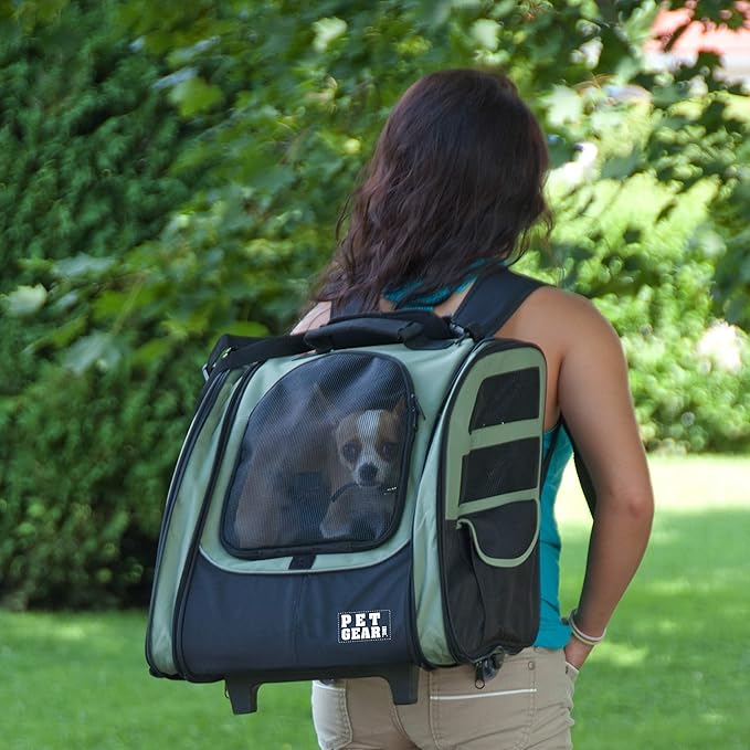 Pet Gear I-GO2 Roller Backpack, Travel Carrier, Car Seat for Cats/Dogs, Mesh Ventilation, Included Tether, Telescoping Handle, Storage Pouch