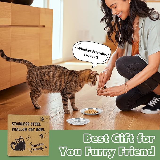 8-Pack Stainless Steel Cat Food Bowls, Shallow Whisker-Friendly Non-Slip Silicone Base Metal Dishes, Easy to Clean Indoor Feeding Flat Plates for Cat, Kitten, Small Dog (6.7")