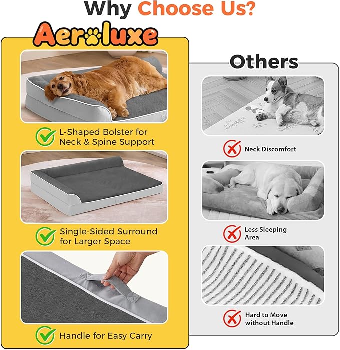 Dog Bed Large Sized Dogs, XL Orthopedic Dog Bed for Large Dogs 42"x30"x7.5", Waterproof Pet Bed with Washable Removable Cover, L-Shaped Pet Couch with Portable Handle, Grey Flannel