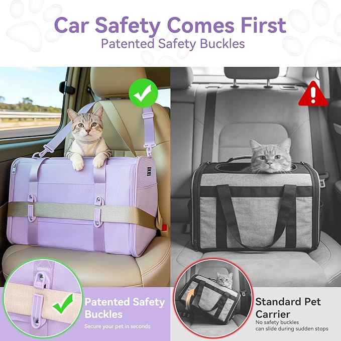 PETSFIT Large Cat Car Carrier with Patented Safety Buckles(19 x 12 x 12) – Roomy Escape-Proof for Safe Driving, Lockable Zippers & Safety Tether, Soft-Sided Travel Carrier for Road Trips & Vet Visits