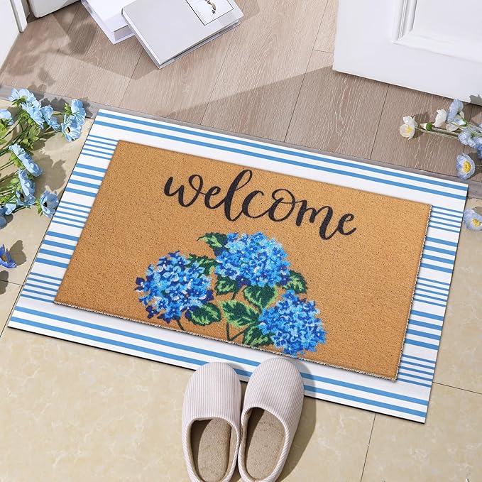 Tinideya 2 Pcs Hydrangea Door Mat Blue and White Stripe Welcome Non Slip Flower Coir Mats Floor Layering Floral Doormats Seasonal for Front Porch Entryway Decor(Blue Flower)