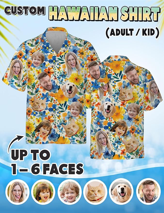 Custom Hawaiian Shirt with Face Photo Picture for Men Women Kids Youth Adult, Tropical Personalized Hawaiian Shirts Gift