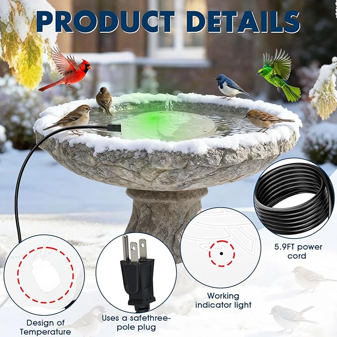 Outdoors 100W Bird Bath Heater for Winter,Birdbath Deicer Pond De-icer Thermostatically Controlled Birdbaths Water Heater with 5.9 Ft Power Cord and Working Indicator Light (White)